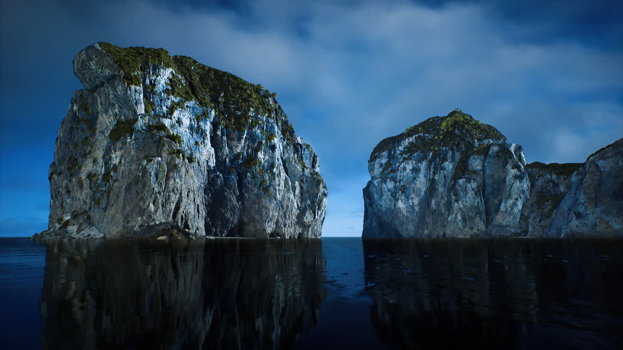 Majestic rock formations rise from tranquil waters at dusk near the coast
