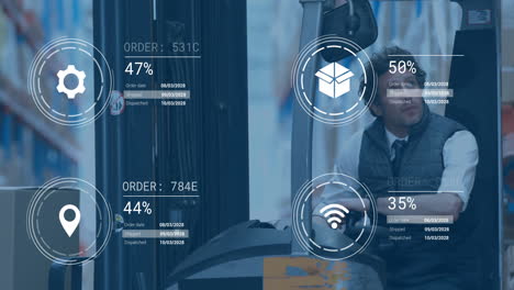 Animation of data processing and media icons over caucasian male worker in turret truck in warehouse
