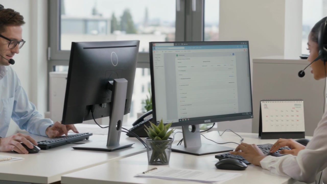Kameraet panorerer og afslører et par i skjorter, der taster og taler i headsets ved et skrivebord, håndterer opkald.