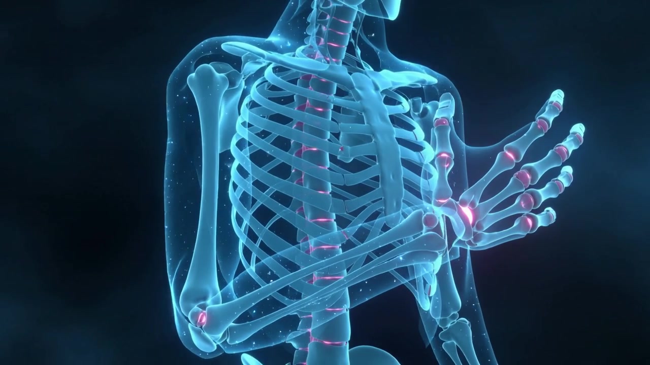 Moving blue skeleton flexing right arm toward chest for study, ribcage spine showing joint glow