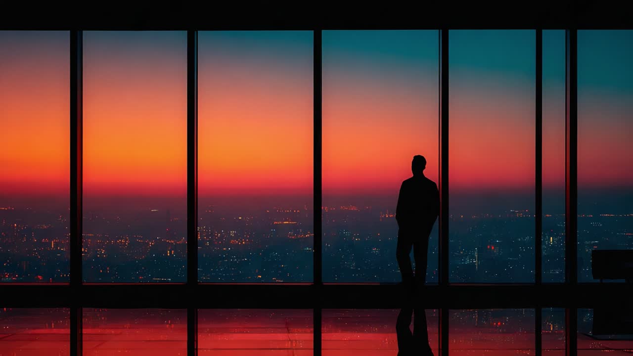 Una figura solitaria se recorta contra una impresionante puesta de sol vista desde la ventana de un rascacielos, bañada en ricos tonos naranjas y azules mientras las luces de la ciudad comienzan a brillar.