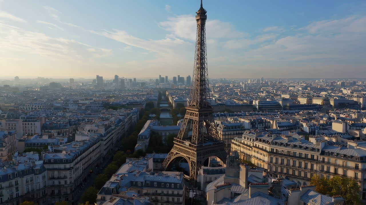 Aerial View of Paris Cityscape with Eiffel Tower and Rooftops