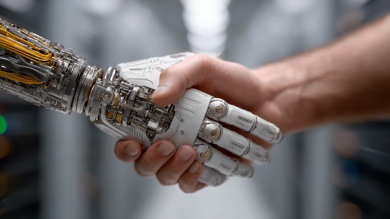 A Seamless Connection: The Moment of Human-Technology Interaction Captured in a Handshake Between a Human Hand and a Robot Hand, Signifying Cooperation and Advancement