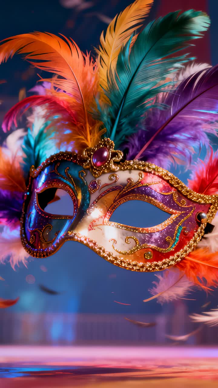 Video verticale: Telecamera che si allarga rivelando una maschera ornata che fluttua in una tenda da festival, con una maschera più scura.