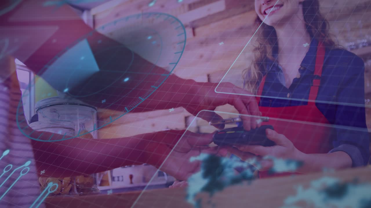 Animación de procesamiento de datos sobre diversas personas pagando con un smartphone