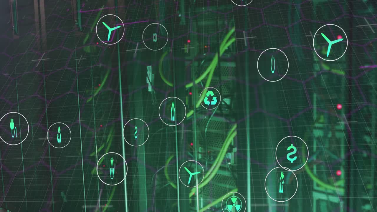 animação de ícones de tecnologia verde movendo-se sobre cabos de sistema de servidor de dados