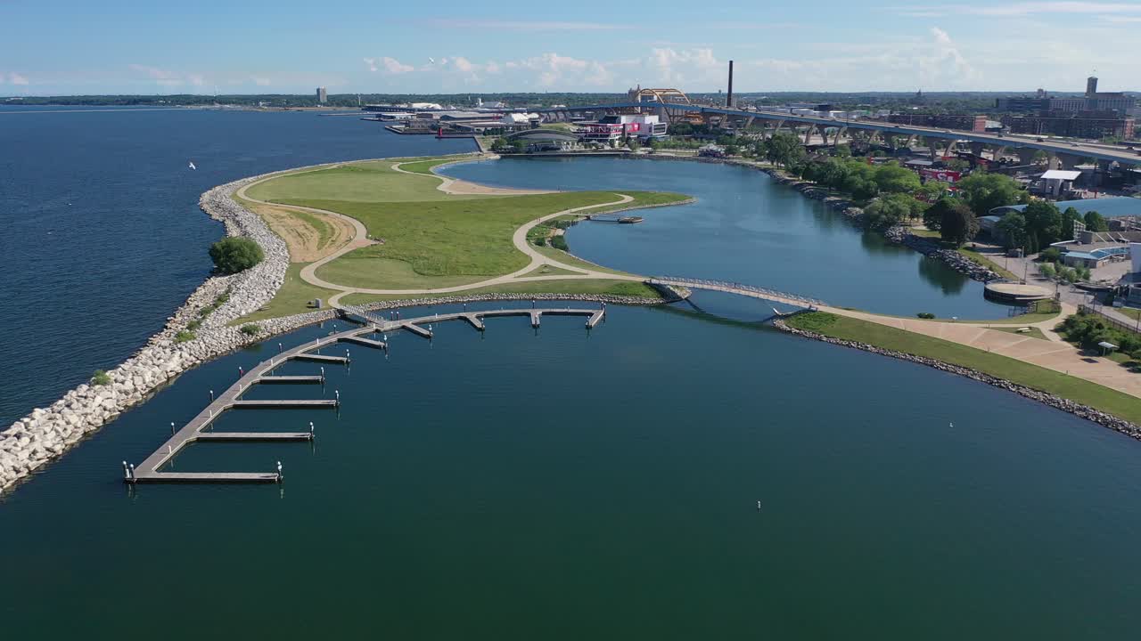 Aerial shot over milwakee lake
