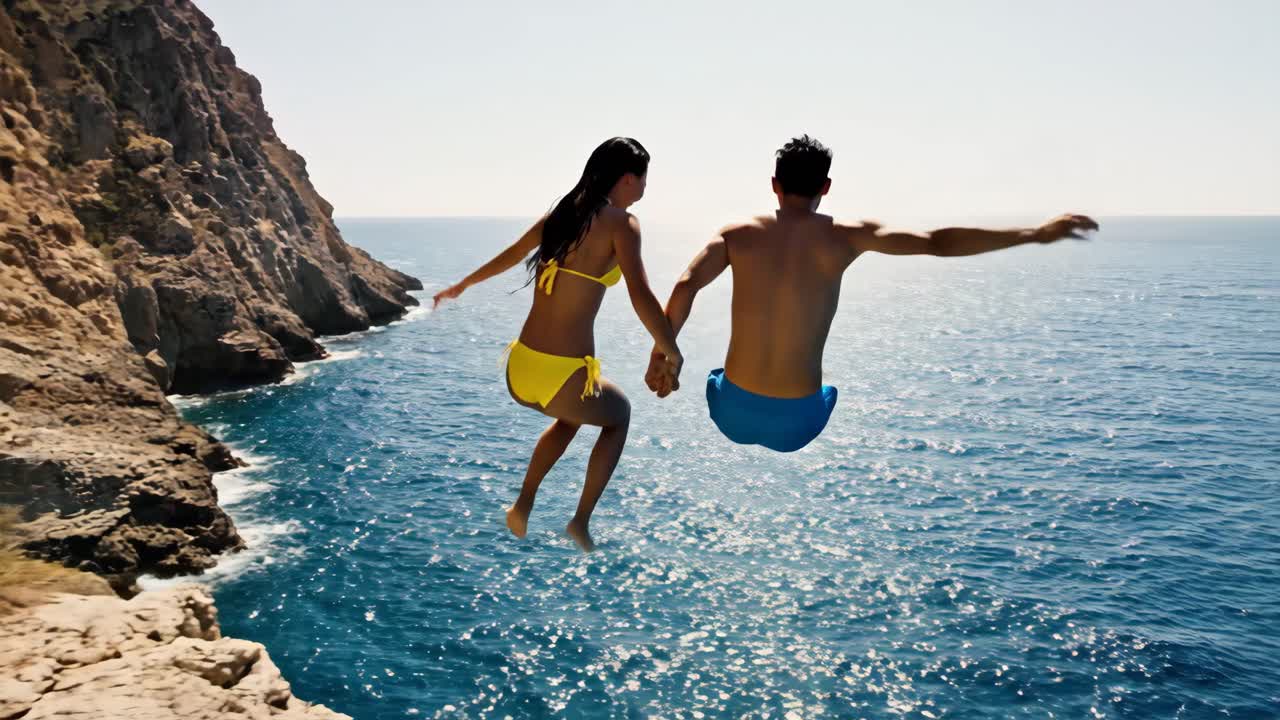 Couple cliff diving into ocean