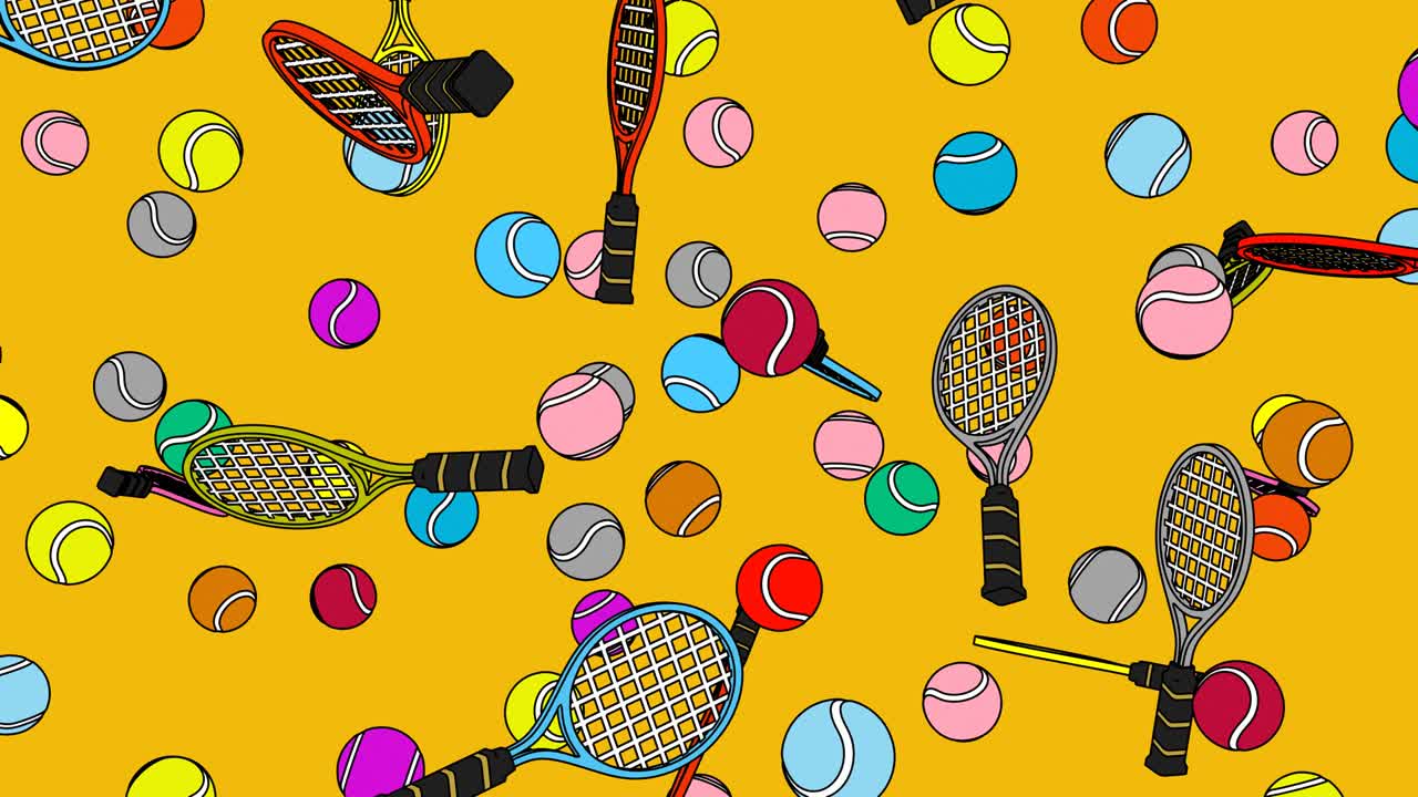 노란색 배경에 다채로운 테니스 공과 테니스 라켓을 그렸습니다.
