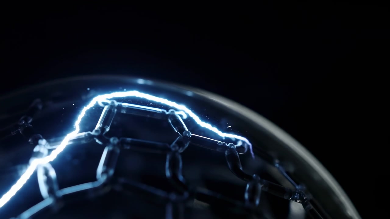 Chronological close-up sequence showing filament arc igniting and intensifying inside curved glass bulb from early sparks to peak steady discharge at end
