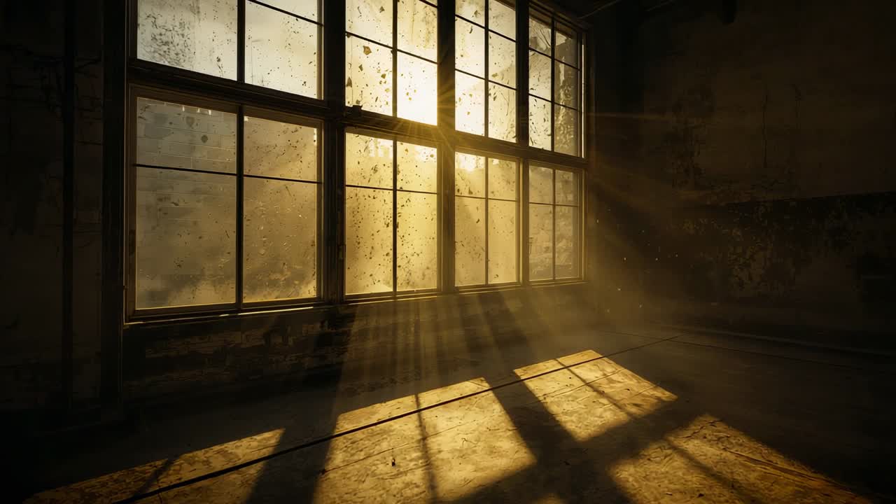 Sun descending sending rays piercing industrial room, lighting floor dust, revealing peeling walls