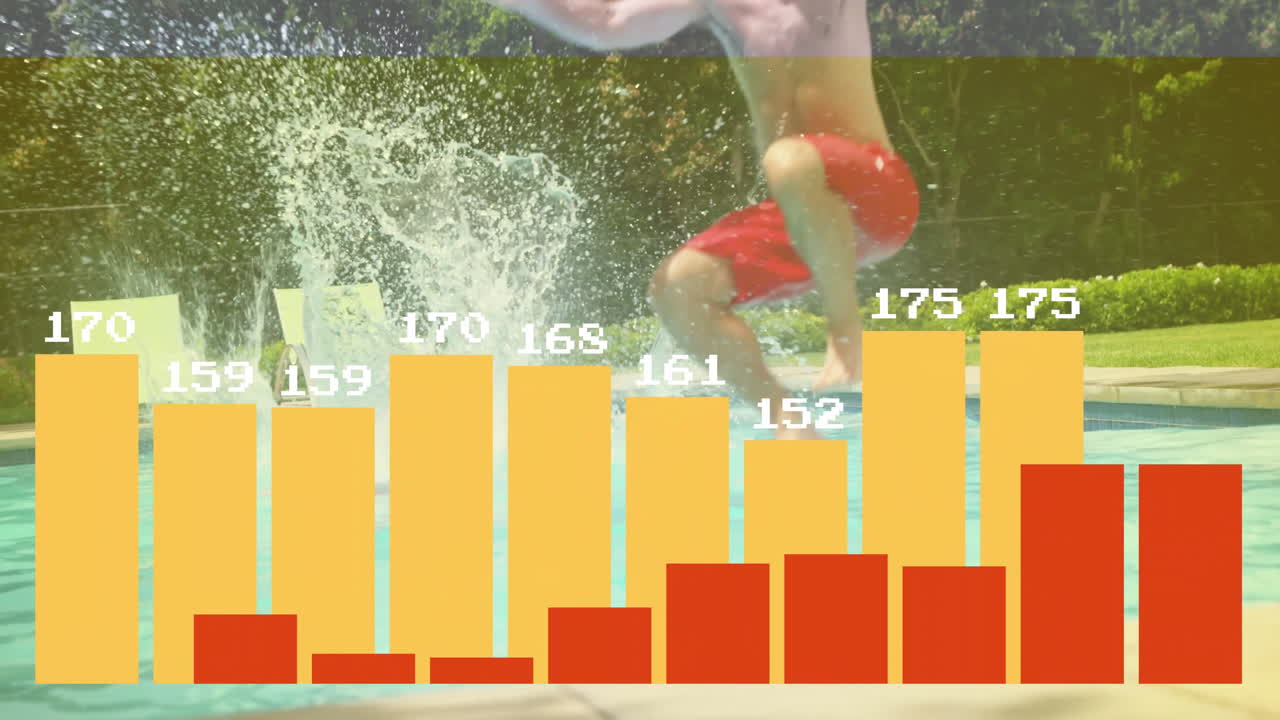 Person jumping into pool with colorful bar graph animation overlay