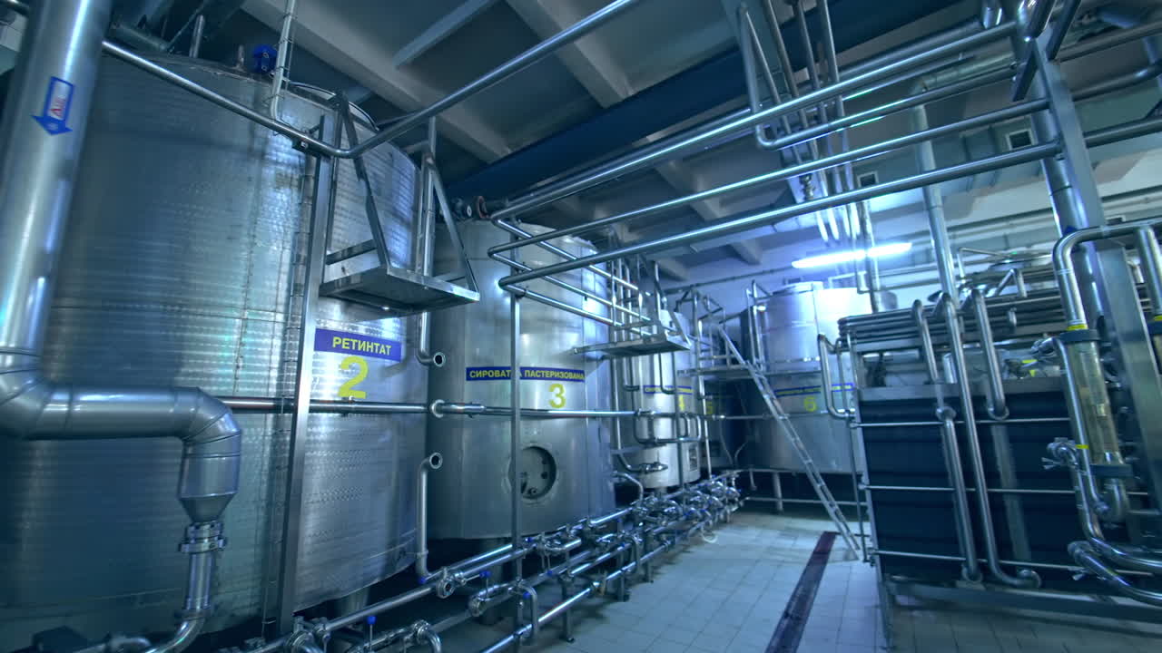 Huge steel reservoirs for storage and processing milk. Coming closer to the big metal tanks at milk factory.