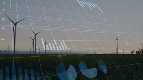 animación de gráficos y números cambiantes en el lapso de tiempo del molino de viento en campo verde