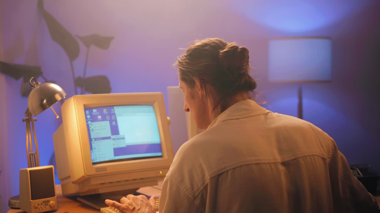 Man working and gaming on retro computer PC, IT engineer with vintage computer at home, using old fashion technology, close up of retro setup.