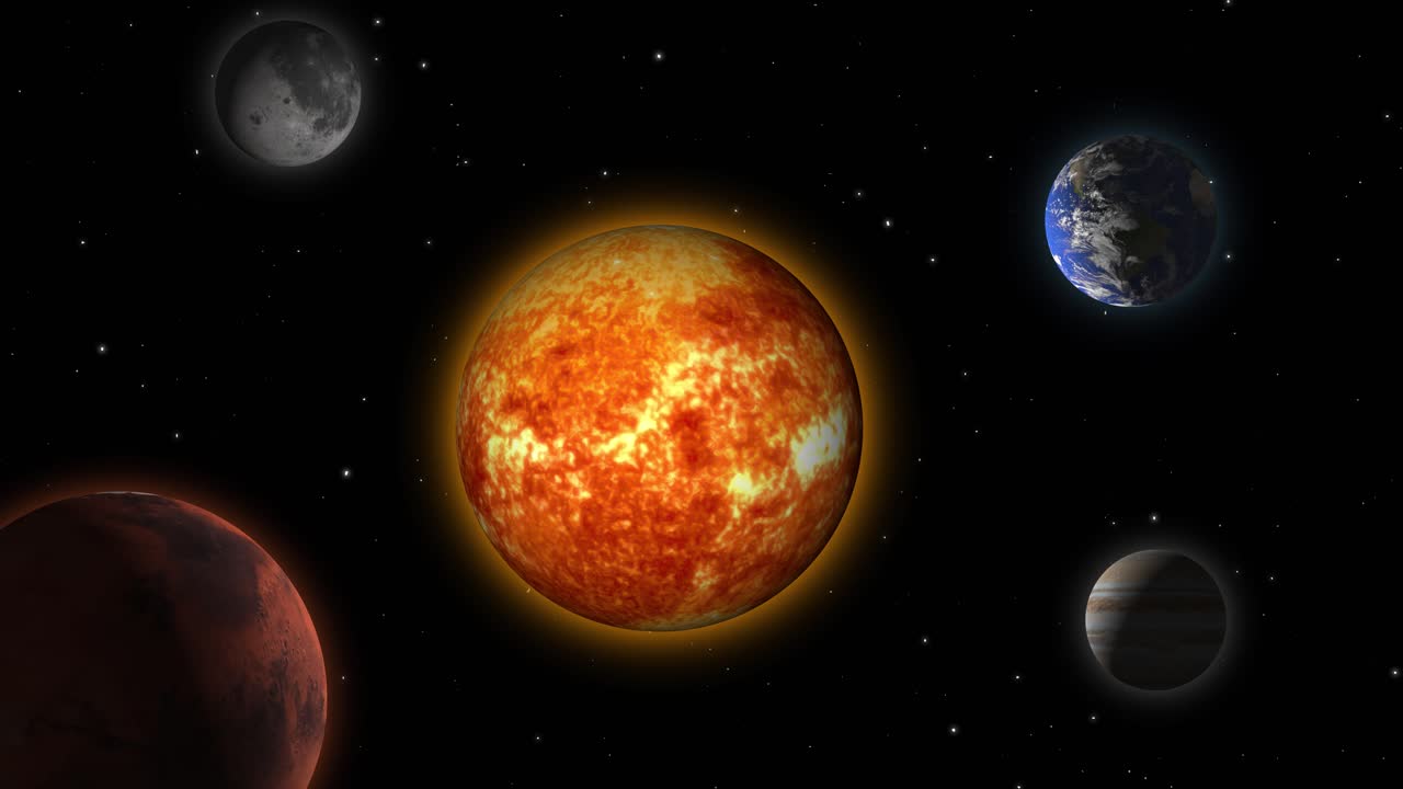 Solar system 3D render representation earth sun moon mars starry sky representation