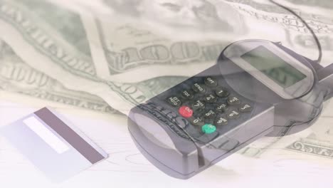 animation of dollar banknotes falling over payment terminal