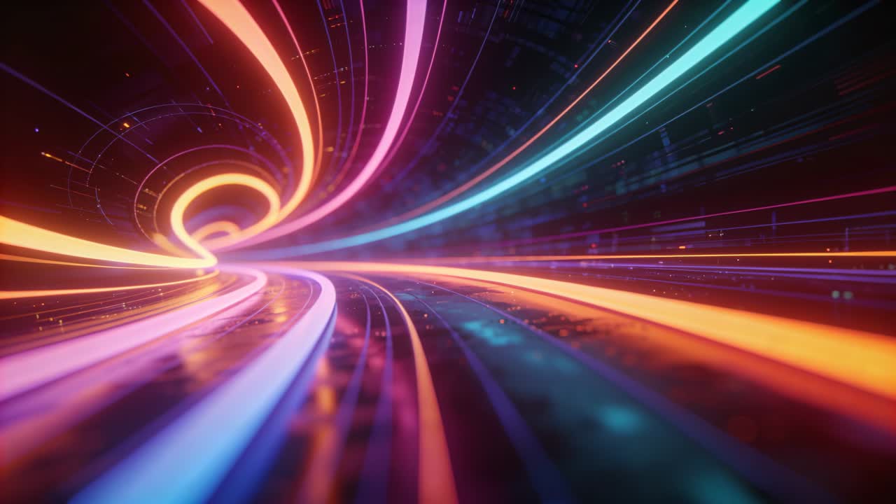 Visuale della telecamera che avanza partendo dal basso e muovendosi lungo una pista bagnata con bande al neon per entrare in un tunnel a spirale.