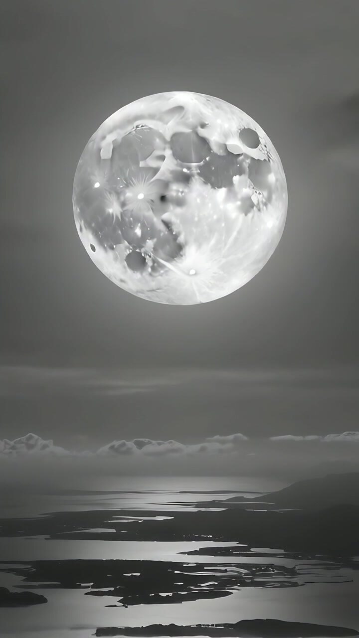 Vertical video: Lowering luminous cratered moon creating reflection on calm sea, revealing islands