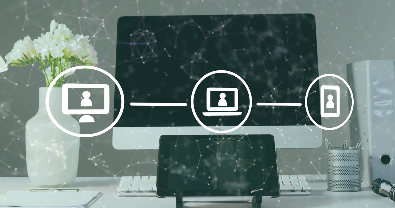 On start, network icons fading, lines extending, linking desktop, laptop and phone for connectivity
