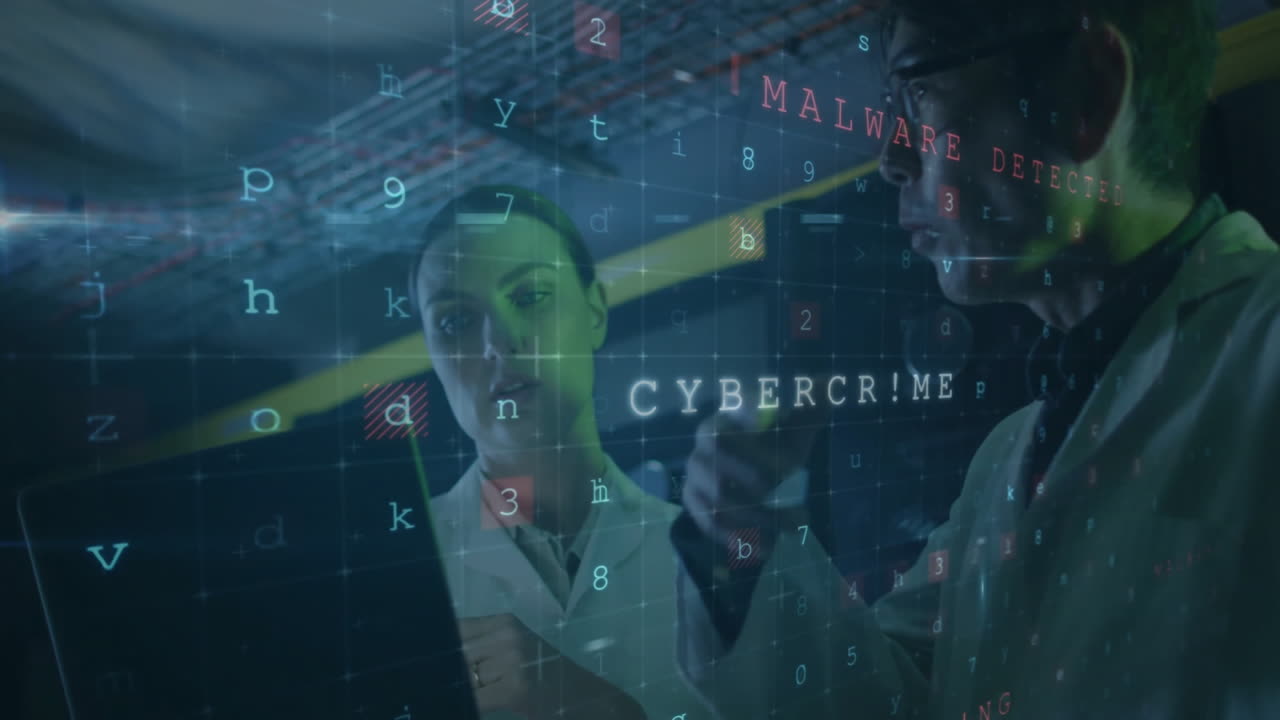 Cybersecurity threat detection animation over professionals analyzing data on screen