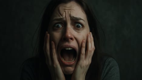 a woman expresses extreme fear and anguish, pressing her hands against her face while screaming. the low lighting creates a dramatic atmosphere, accentuating her terror and desperation. her disheveled hair and wide-open eyes convey a haunting intensity, drawing viewers into her emotional turmoil. th