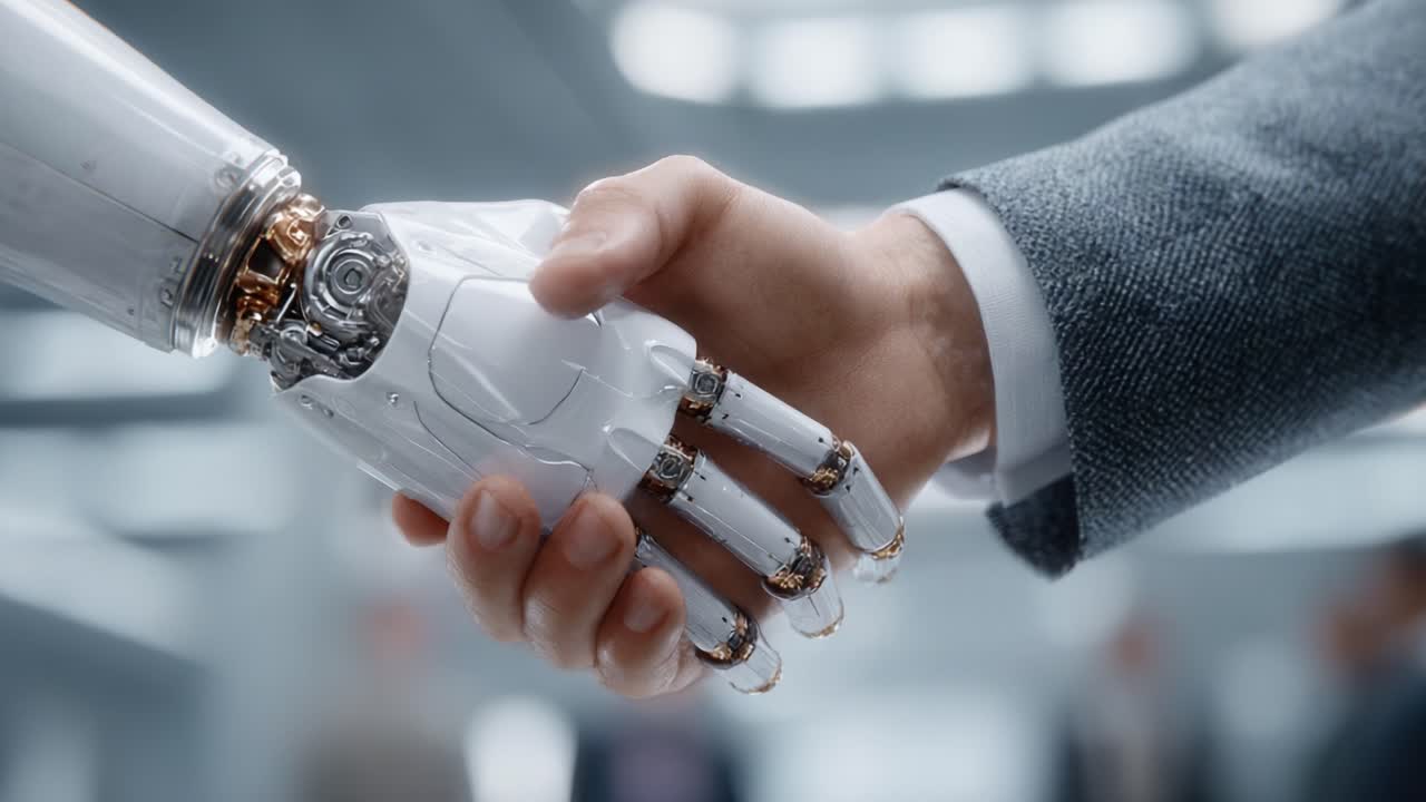 A Seamless Integration of Human and Machine: A Close-Up of a Handshake between a Human Hand and a Robotic Prosthetic, Symbolizing Progress and Collaboration in Technology