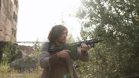 men with guns around an abandoned house