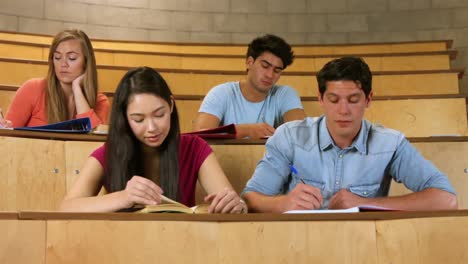 Compañeros-Que-Estudian-En-La-Biblioteca-Sonriendo-A-La-Cámara