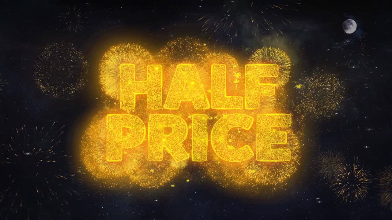 Half price text typography reveal from golden firework crackers particles night sky 4k background
