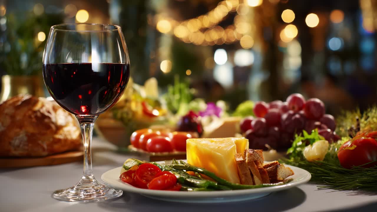 A Beautifully Set Table with a Glass of Red Wine Next to an Array of Delectable Foods, Featuring Fresh Vegetables and Cheeses Surrounded by Soft, Warm Lighting Creating an Inviting Atmosphere