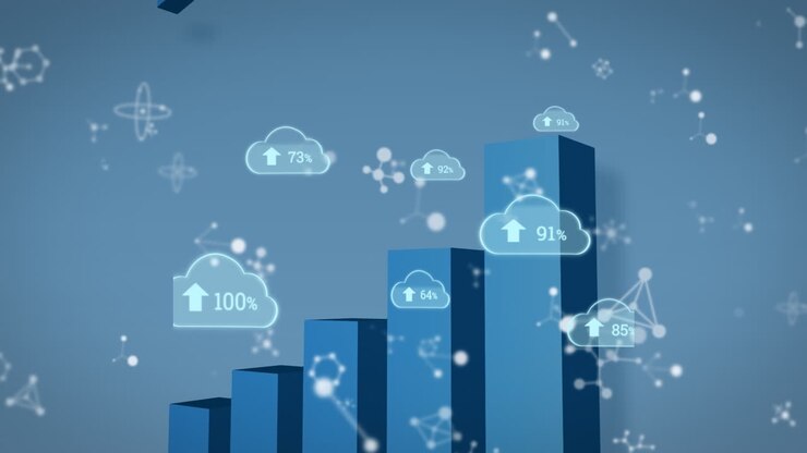 Animation of clouds with numbers over graphs and arrow on blue background