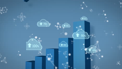 animación de nubes con números sobre gráficos y flecha sobre fondo azul