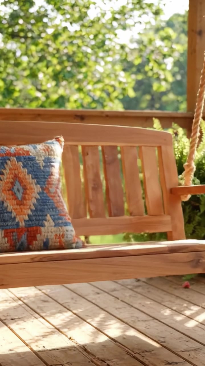 A Beautifully Designed Wooden Swing Bench with Colorful Geometric Pillow Surrounded by Lush Greenery on a Bright Sunny Day
