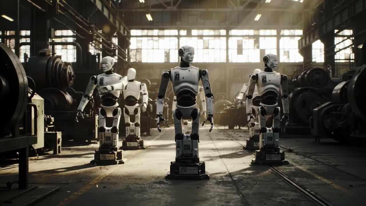 A Captivating Scene of Advanced Robots in a Workshop, Showcasing Their Intricate Designs and Ambitious Future in Robotics and Automation Technologies