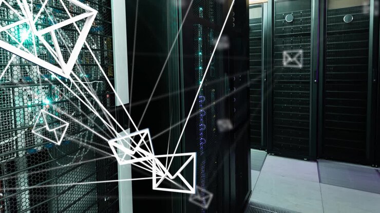 Animation of email icons and connections with digital data processing over computer servers