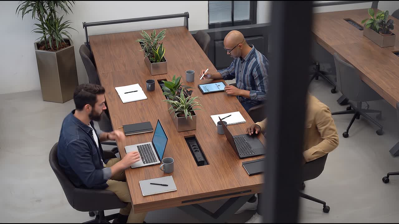 Tre colleghi che lavorano al laptop a un tavolo di legno condiviso in un moderno ufficio di coworking