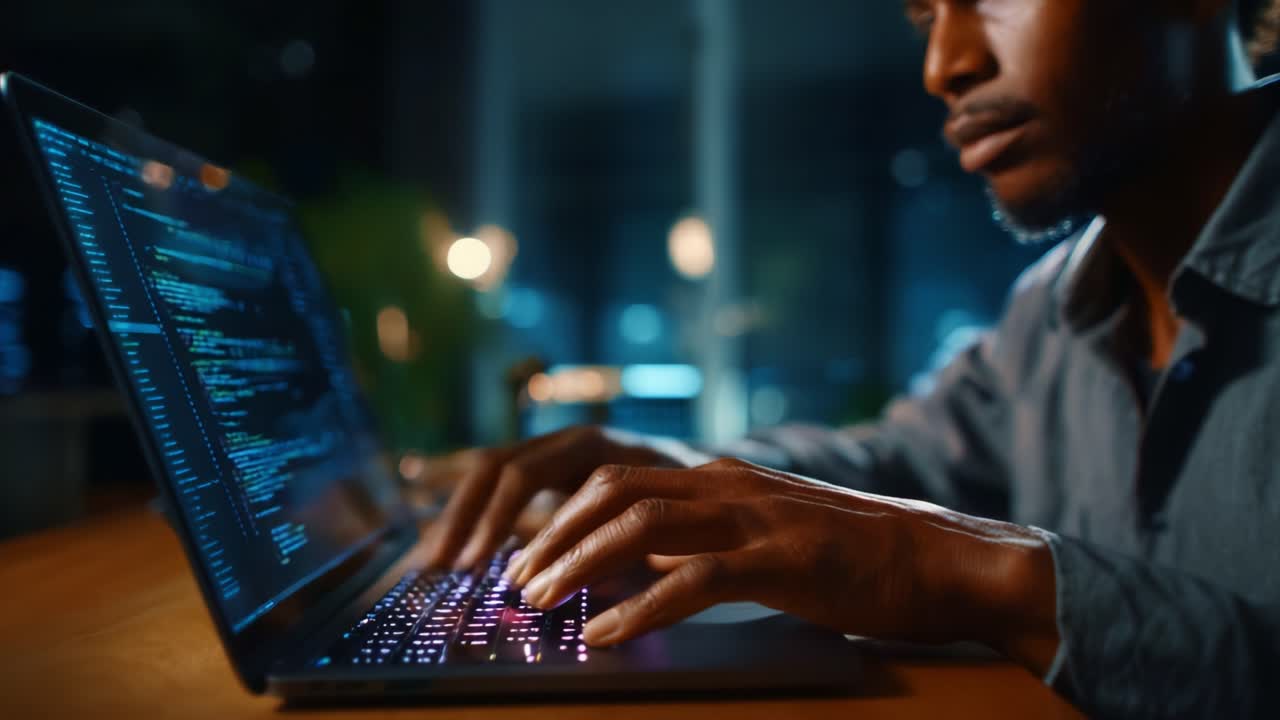 Focused Programmer Working Late at Night on Laptop with Colorful Keyboard, Writing Code in a Dimly Lit Room, Portraying the Essence of Modern Software Development