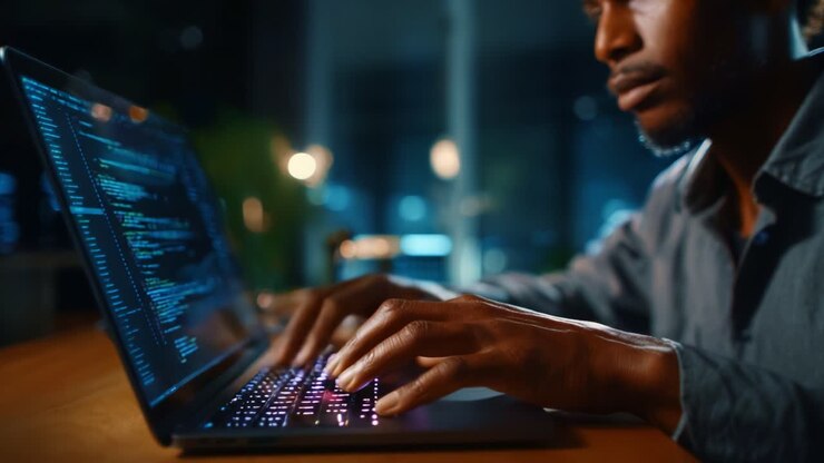 Focused Programmer Working Late at Night on Laptop with Colorful Keyboard, Writing Code in a Dimly Lit Room, Portraying the Essence of Modern Software Development