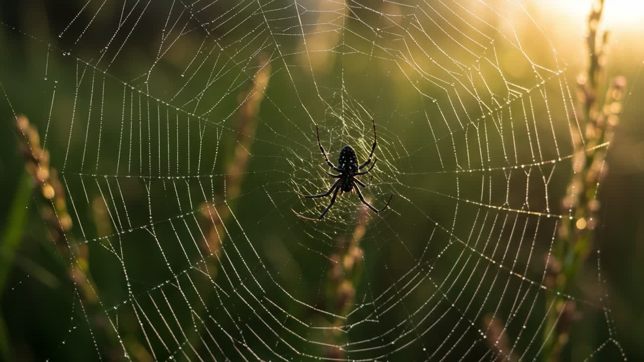 A Beautiful Macro View of a Spider in Its Dewy Web Caught in Morning Light, Showcasing Nature's Intricate Design and the Interplay of Water and Sunlight