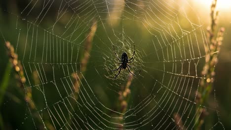 a beautiful macro view of a spider in its dewy web caught in morning light, showcasing nature's intricate design and the interplay of water and sunlight
