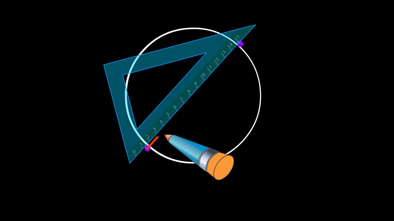 Diameter, Center, Radius of Circle. Finding center point of the ring with a right angle set square. Blue transparent miter ruler, triangle. Alpha transparent back draw. Math, geometry animation