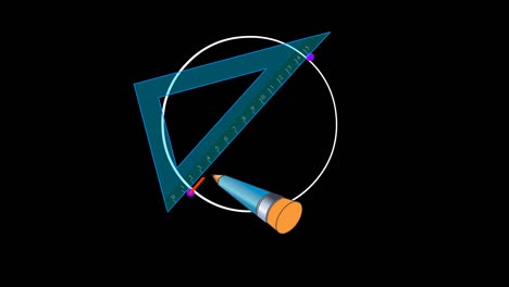 diameter, center, radius of circle. finding center point of the ring with a right angle set square. blue transparent miter ruler, triangle. alpha transparent back draw. math, geometry animation