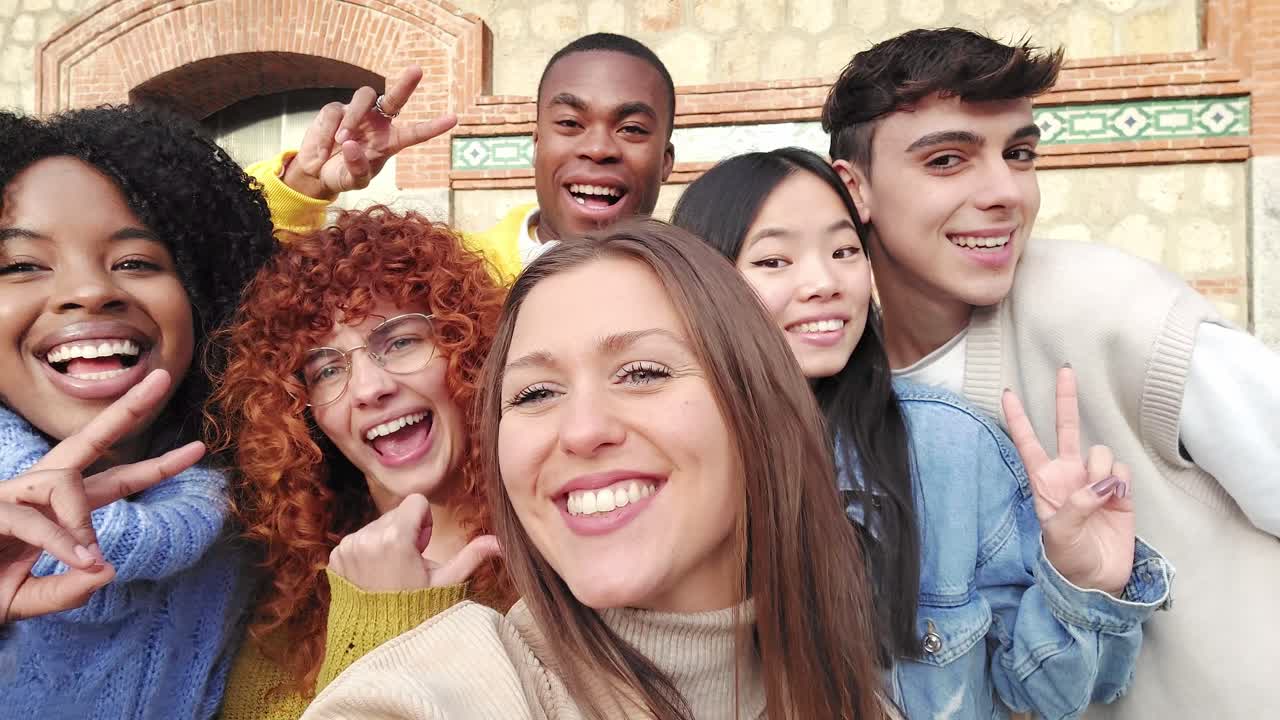 Smiling multi-ethnic friends gesturing while taking a selfie outdoors