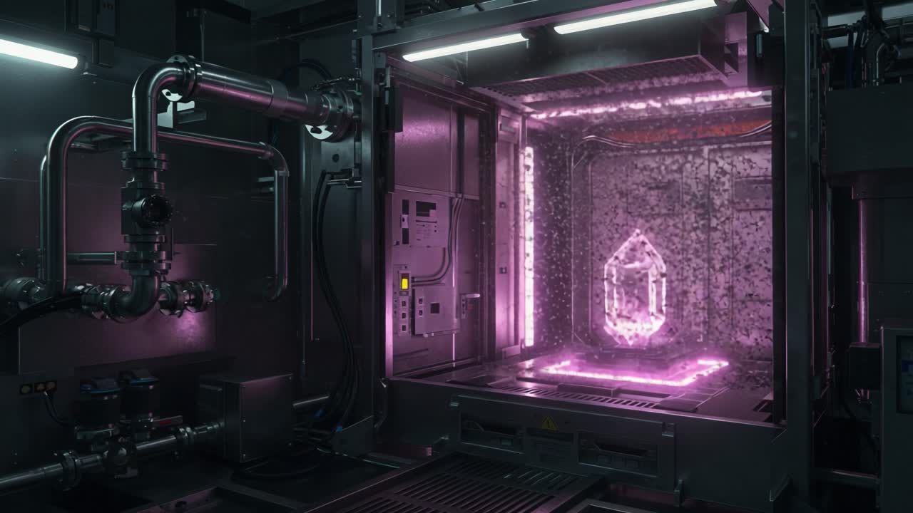 An Intriguing Glimpse into a High-Tech Lab Featuring a Radiant Crystal Suspended in a Futuristic Environment Illuminated by Vibrant Neon Lights
