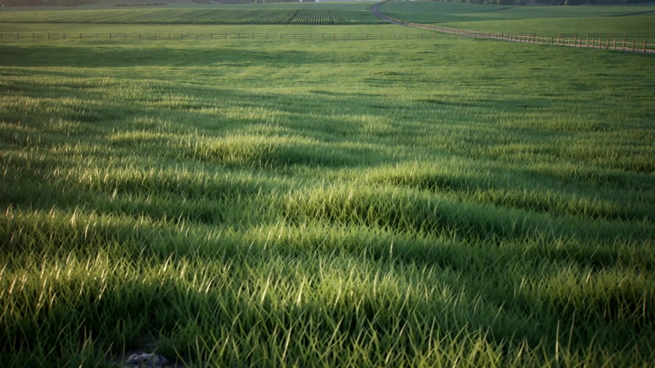 Hohes grünes Gras wiegt sich und wellt sich im sanften Wind auf einer Weide, mit Zaun, bearbeiteten Reihen und Erde.