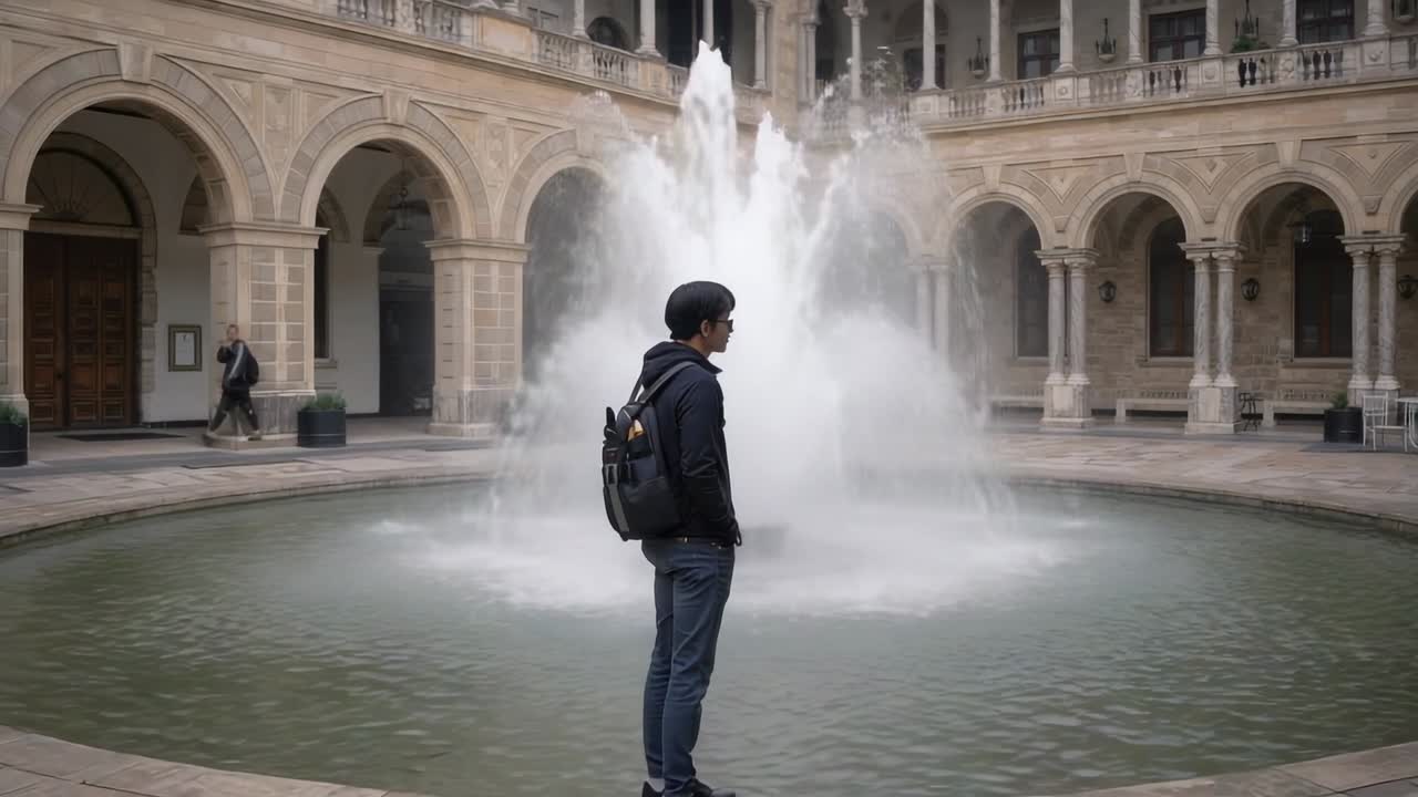 Hombre con sudadera observando la bruma en un patio mientras reacciona a los chorros de agua de una fuente y pisa el borde de piedra