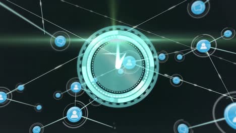 animación del reloj sobre la red de conexiones con iconos
