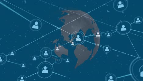 animación de iconos conectados, nevadas y globo giratorio sobre fondo azul