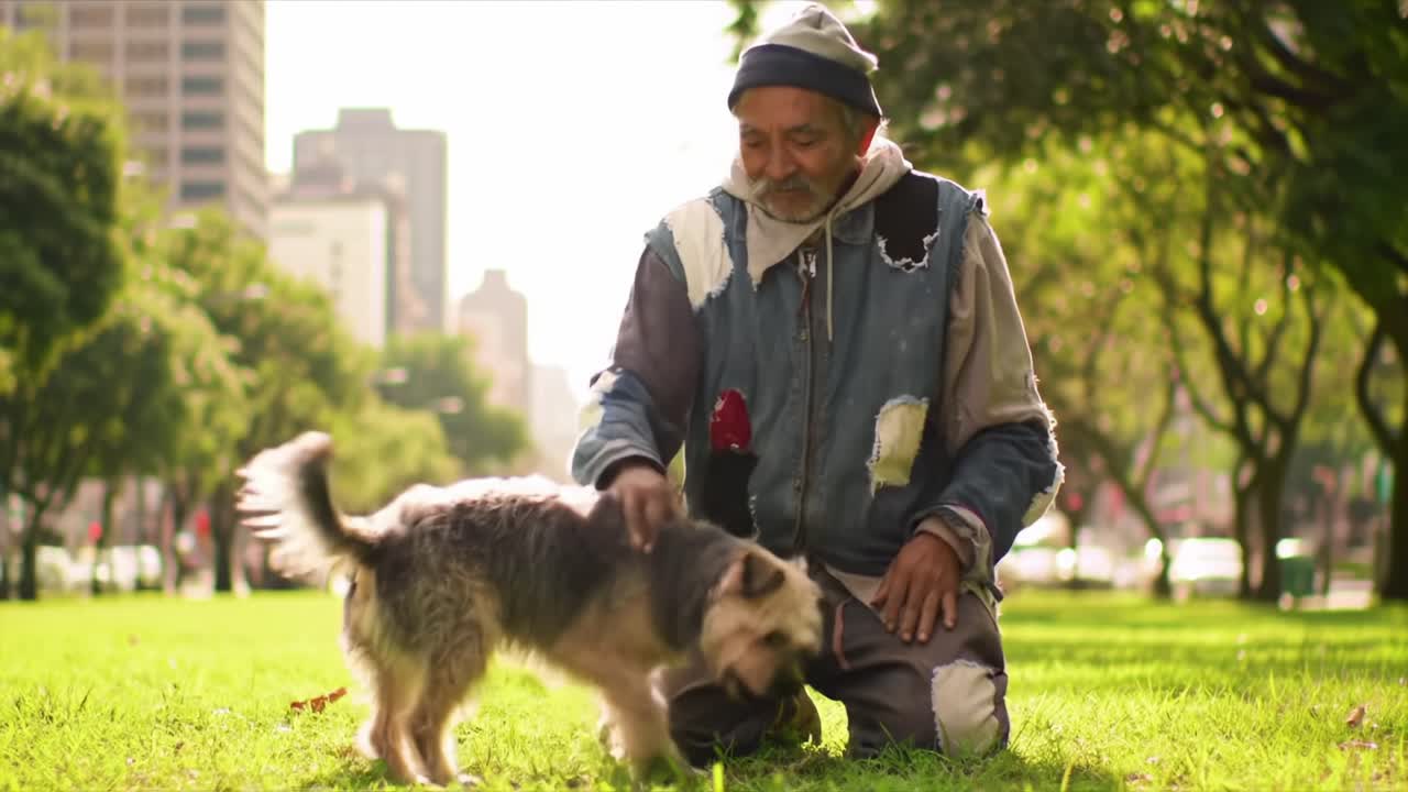 A Heartwarming Interaction Between an Older Man and His Loyal Dog in a Sunlit Park, Showcasing the Bonds of Friendship and Companionship in Nature